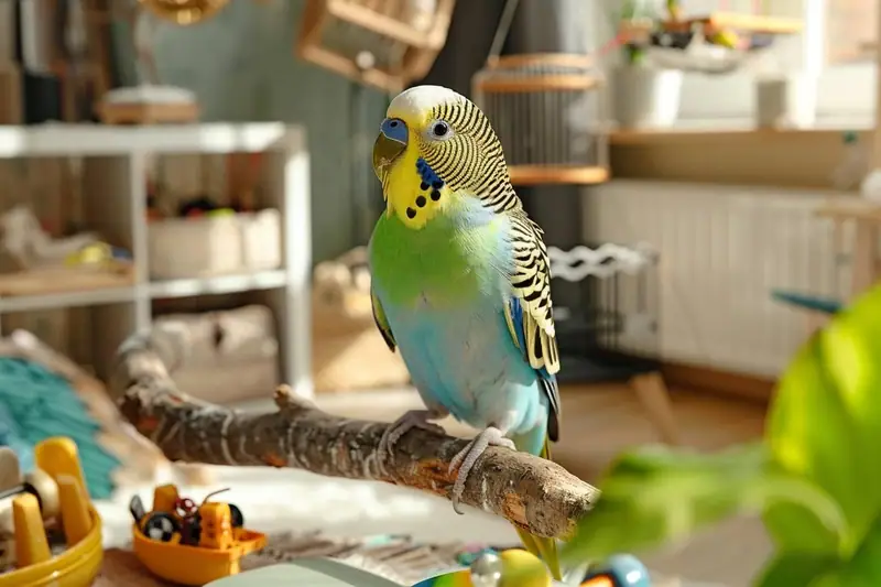 Deux perruches ondulées dans une grande cage aménagée avec perchoirs naturels et légumes frais