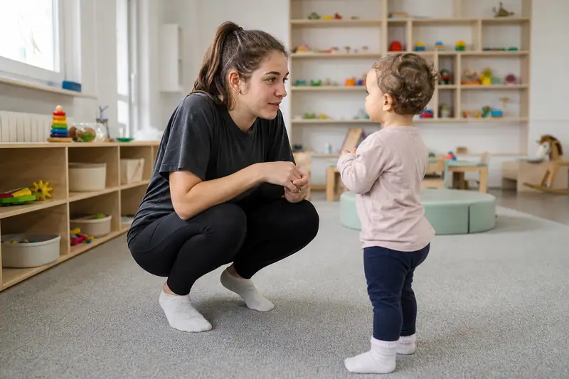 Éducatrice de crèche accroupie parlant calmement à un jeune enfant dans une salle de jeux