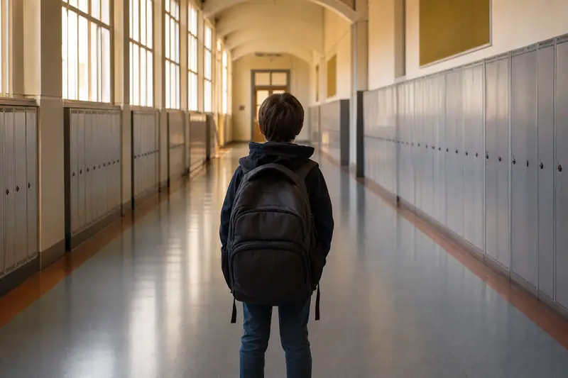Couloir de collège bordé de casiers métalliques, enfant vu de dos portant un grand sac à dos, seul face à une porte de salle de classe