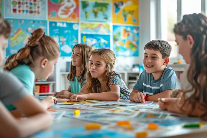 Étudiante préparant son carnet d’anglais devant une école américaine dans une rue animée