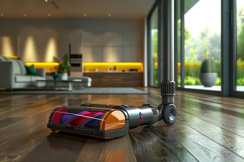 Aspirateur-traîneau sans sac nettoyant un tapis dans un salon lumineux avec brosse de sol