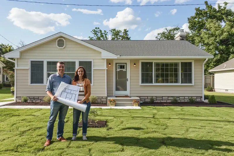 Maison neuve compacte en construction avec toiture simple sur un terrain plat et dégagé