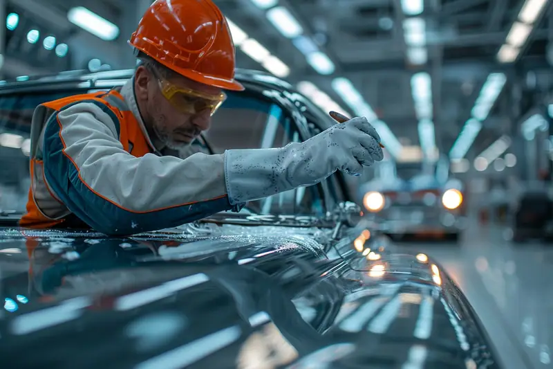 Carrossier équipé appliquant une peinture bleue sur une aile de voiture dans une cabine propre