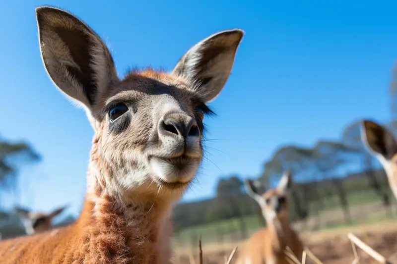 Kangourou roux observé à distance dans une plaine australienne au soleil couchant