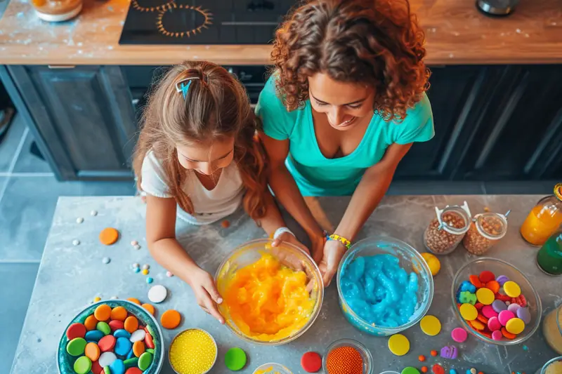 Enfant et adulte mélangeant une pâte de fécule colorée dans un grand plateau à rebords