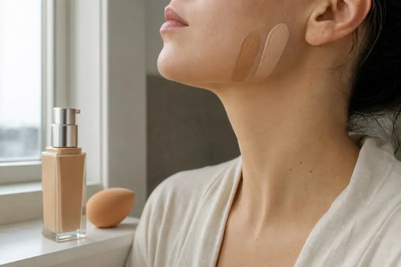 Deux traits de fond de teint de teintes légèrement différentes testés sur le bas du visage à la lumière du jour