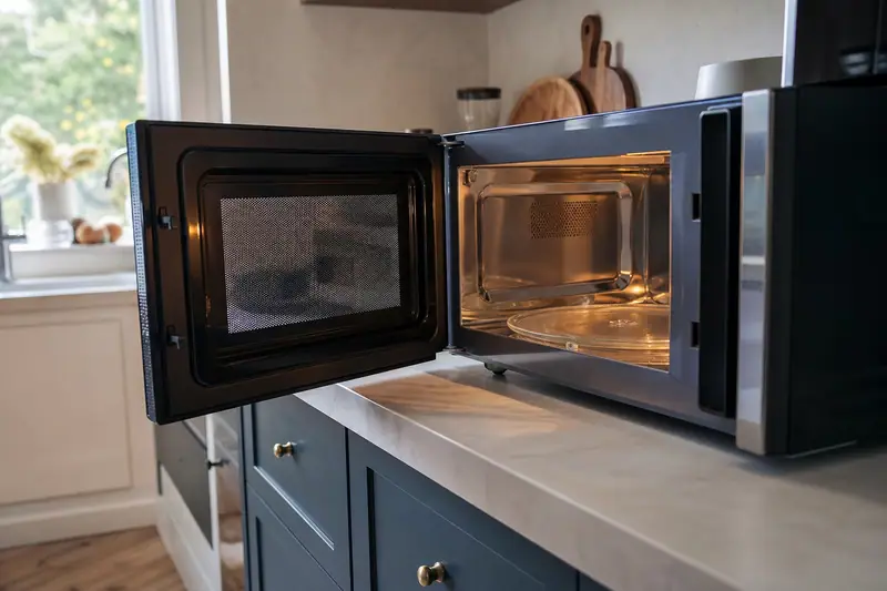 Four à micro-ondes ouvert dans une cuisine, intérieur visible avec plaque tournante