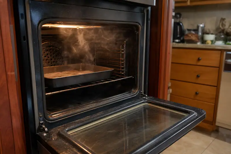 Four de cuisine ouvert laissant échapper un léger filet de fumée grise au-dessus d’une plaque de cuisson