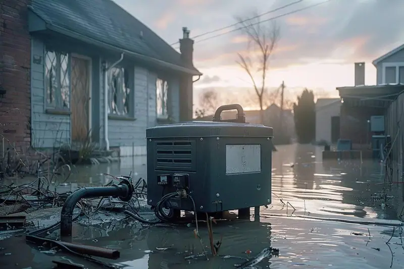 Groupe électrogène fixe sur socle surélevé près d’une maison exposée aux inondations