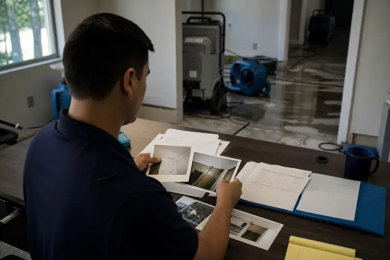 Responsable d’entreprise classant photos, factures et déclaration après un dégât des eaux