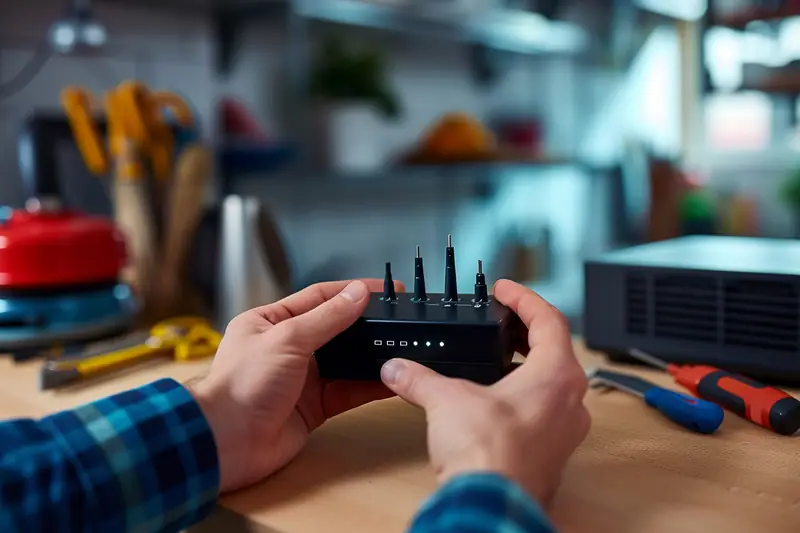 Répéteur WiFi branché au mur dans un salon, entre une box internet et un bureau éloigné