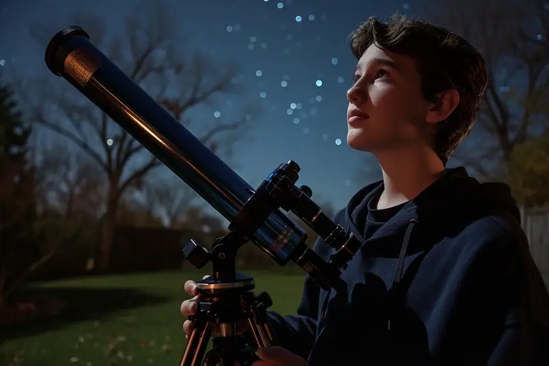 Astronome amateur réglant un télescope Dobson dans un jardin sous un ciel étoilé