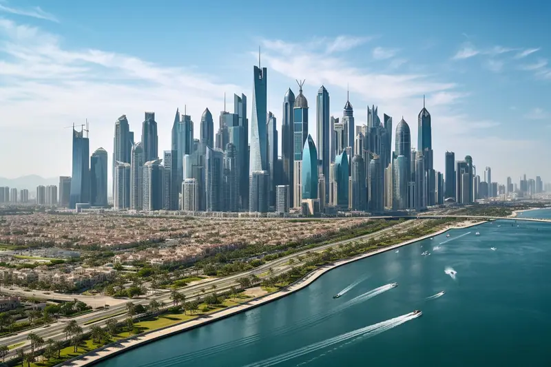 Vue urbaine de Dubaï avec habitants de profils variés marchant dans un quartier moderne