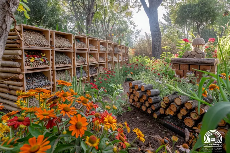Hôtel à insectes en bois fixé sur un poteau près de fleurs sauvages dans un jardin ensoleillé