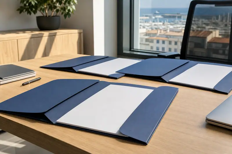 Chemises à rabat personnalisées contenant des documents professionnels sur un bureau marseillais