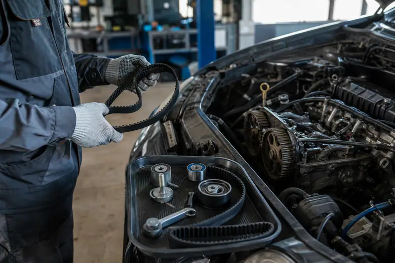 Mécanicien contrôlant un kit de distribution neuf près d’un moteur essence ouvert