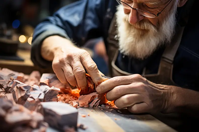 Artisane ponçant des boucles d’oreilles géométriques en composite coloré sur un établi lumineux
