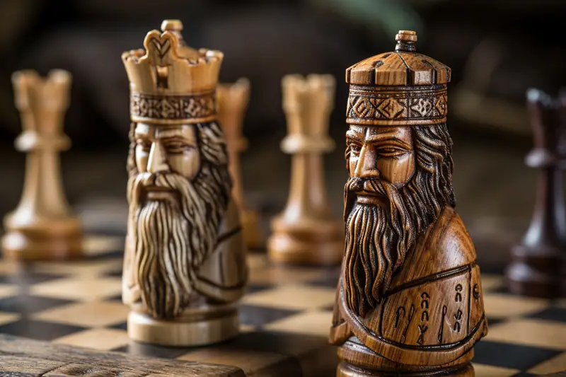Plateau de hnefatafl en bois avec pions clairs et foncés sous une lumière nordique