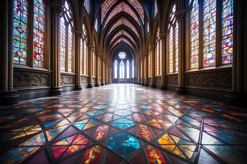 Lumière colorée traversant une grande verrière gothique dans une église d’Île-de-France