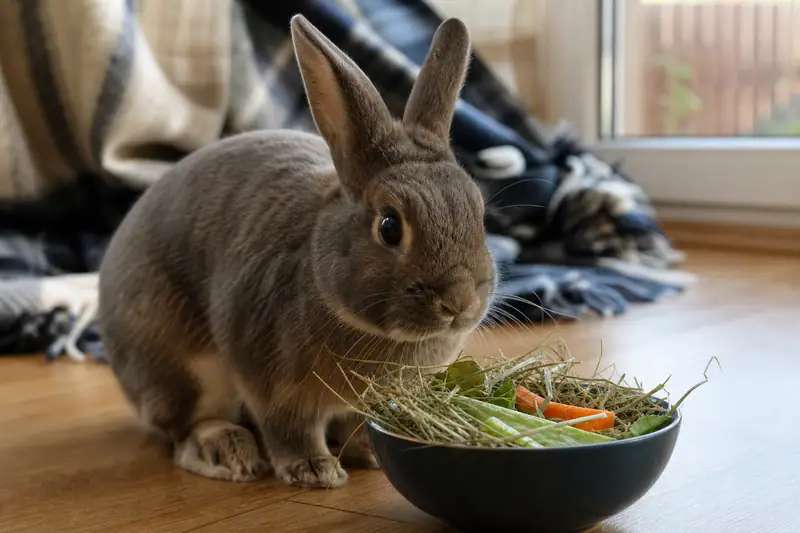 Lapin domestique gris assis près d’une gamelle de foin et de légumes intacts, en intérieur