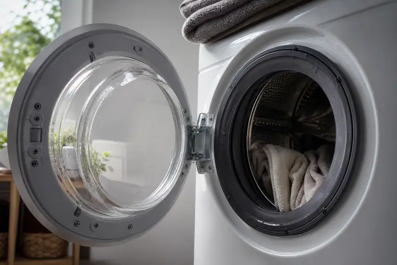 Porte de lave-linge à hublot ouverte laissant voir le joint en caoutchouc noir et le tambour humide