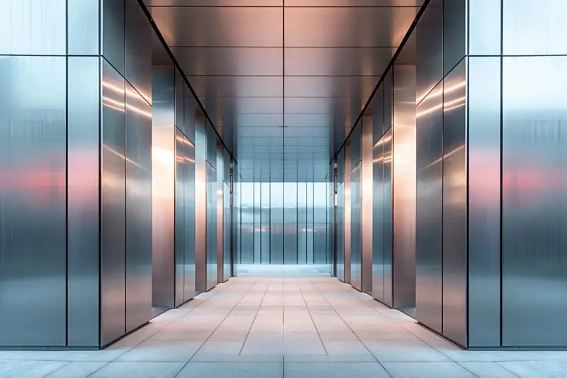 Façade moderne revêtue de lames composites avec profilés de finition autour d’une fenêtre