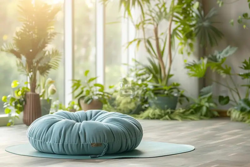 Zafu rond et tapis de méditation sur un sol en bois dans une pièce lumineuse et calme