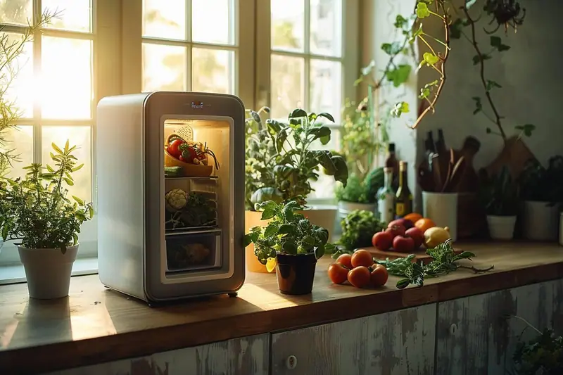 Réfrigérateur à absorption autonome dans un chalet ventilé, avec thermomètre intérieur visible