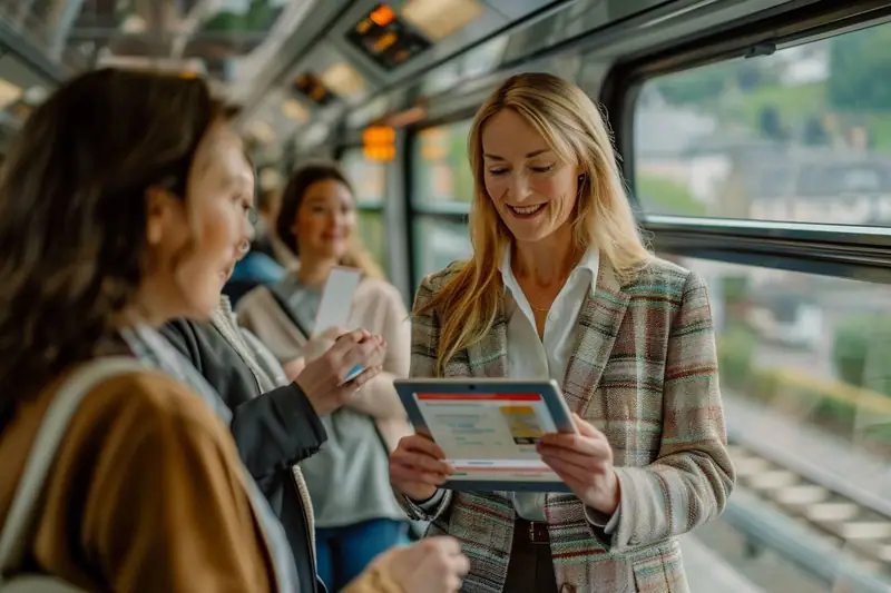 Agent commercial à bord échangeant avec des voyageurs dans l’allée d’un train en circulation