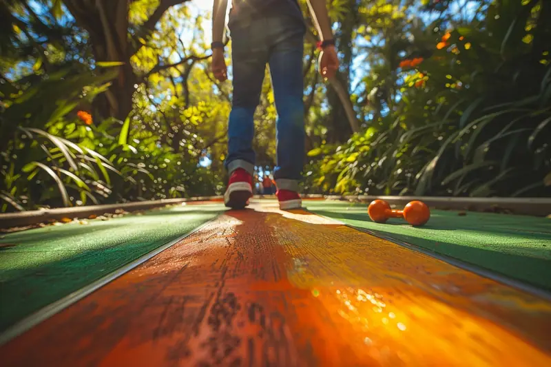 Joueurs lançant des palets sur une planche en bois dans un jardin ensoleillé