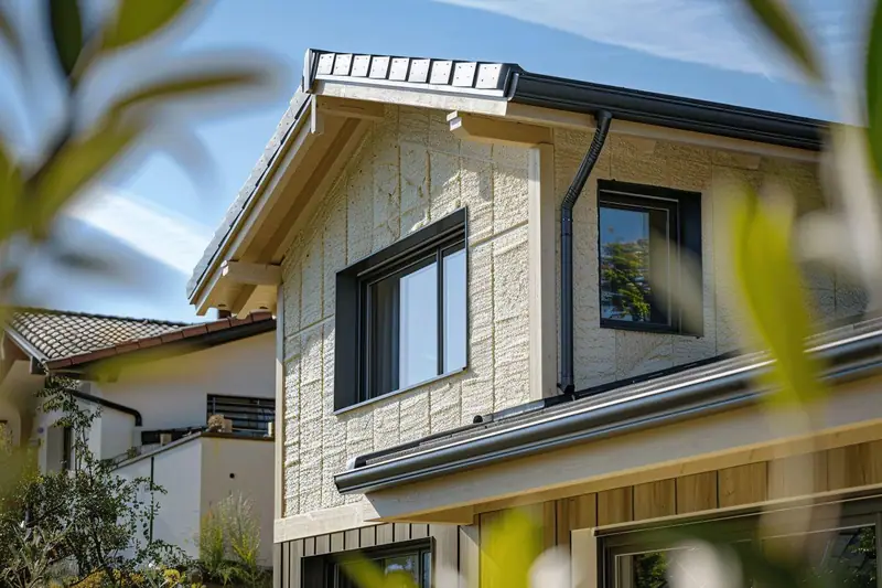 Façade de maison contemporaine avec bardage bois ventilé et isolation extérieure en cours de pose