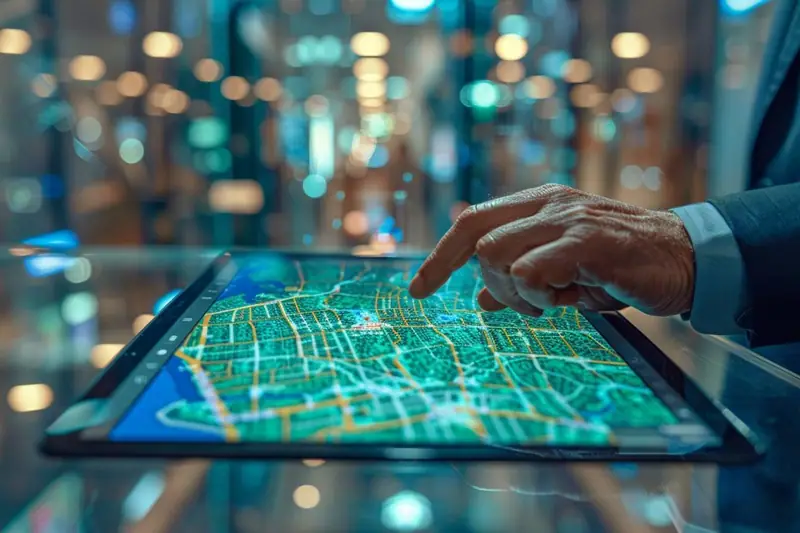 Équipe commerciale analysant une carte territoriale et des indicateurs de ventes sur un ordinateur