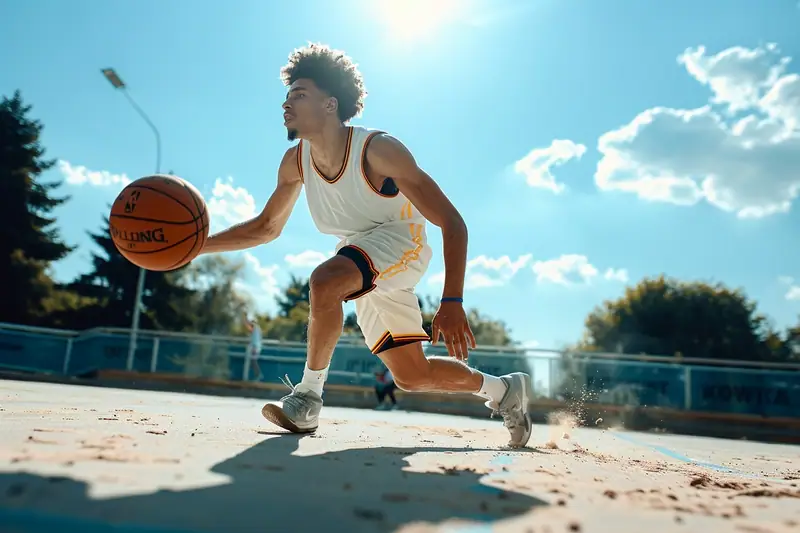Joueurs amateurs de basketball en action sur un terrain intérieur, avec saut et passe