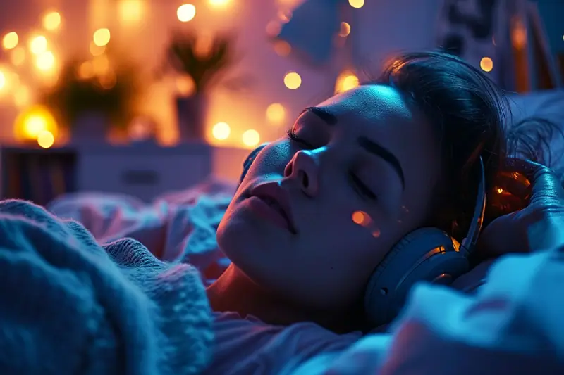 Personne écoutant une musique douce sur une enceinte dans une chambre apaisée au coucher