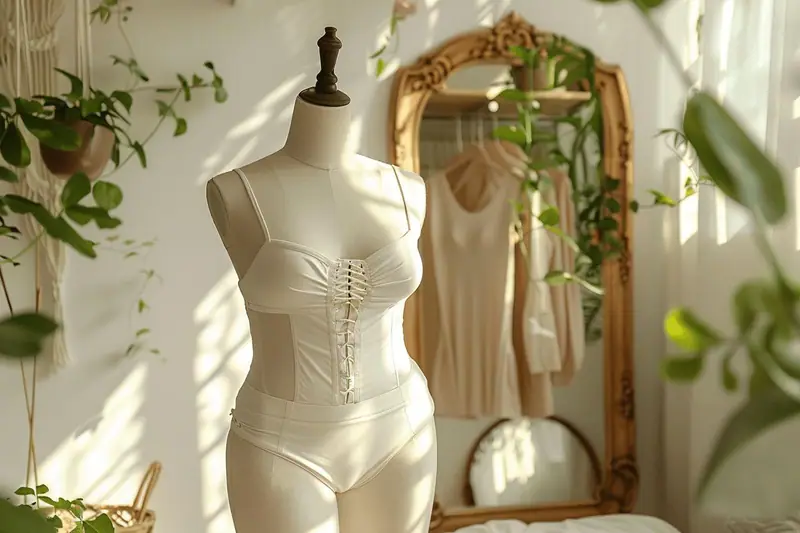 Personne ajustant une gaine taille haute sous une robe dans une chambre lumineuse