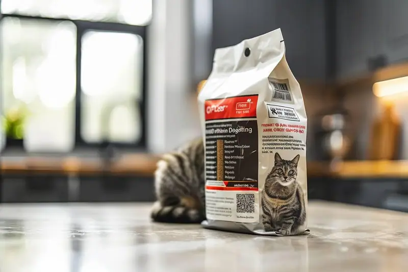 Main comparant les étiquettes de deux sacs de croquettes devant une gamelle pour chat