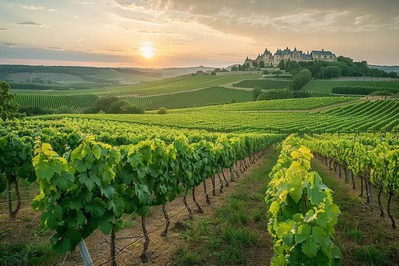 Couple marchant entre les rangs de vigne près d’un village viticole français au soleil couchant