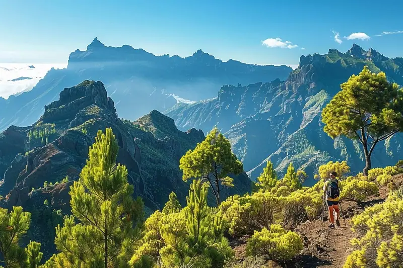 Randonneur équipé sur un sentier volcanique du Teide sous une mer de nuages à Tenerife