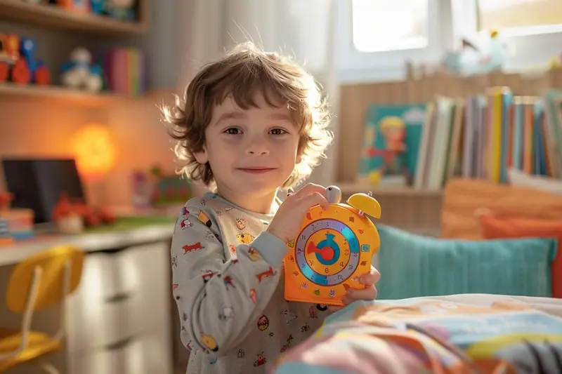 Réveil éducatif affichant une lune sur une table de chevet dans une chambre d’enfant apaisée