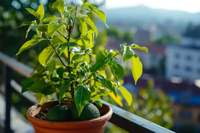 Avocatier vigoureux en pot en terre cuite près d’une grande fenêtre lumineuse