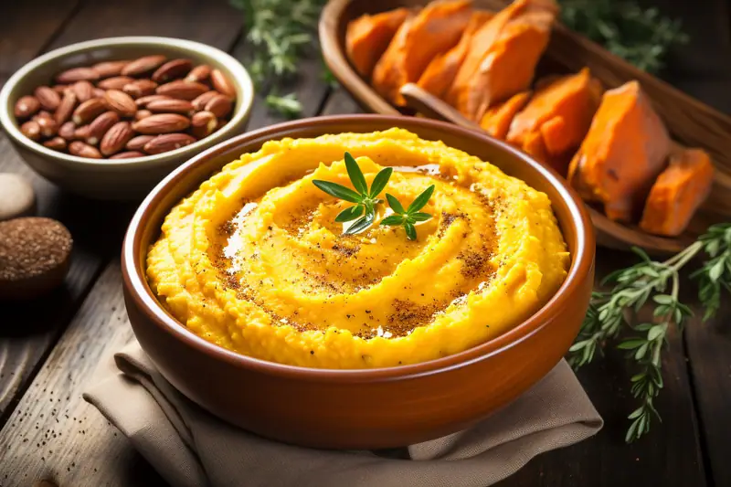 Bol de purée de patates douces onctueuse avec beurre fondu et herbes fraîches