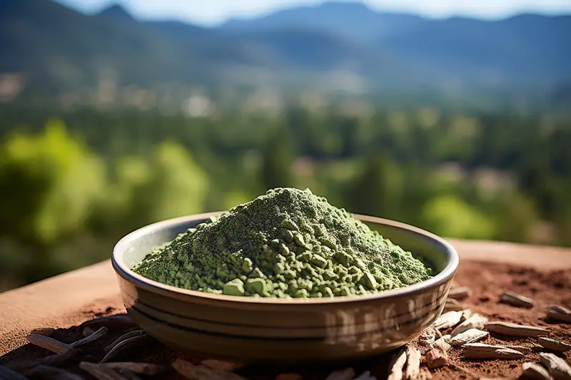 Bol d’argile verte en poudre et pinceau de masque sur une serviette de salle de bains