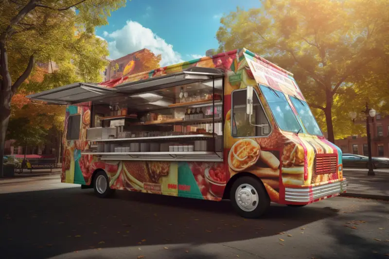 Foodtruck de restauration avec bacs de tri, contenants réemployables et produits frais sur un marché