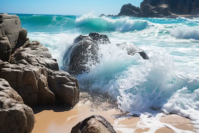 Vagues de houle frappant une falaise stratifiée et un platier rocheux à marée basse