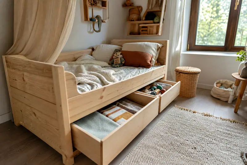 Lit cabane en bois clair avec tiroirs ouverts dans une chambre enfant rangée et lumineuse