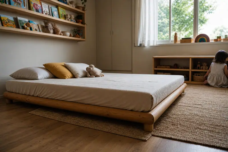 Chambre enfant sécurisée avec lit Montessori bas en bois clair et matelas bien ajusté