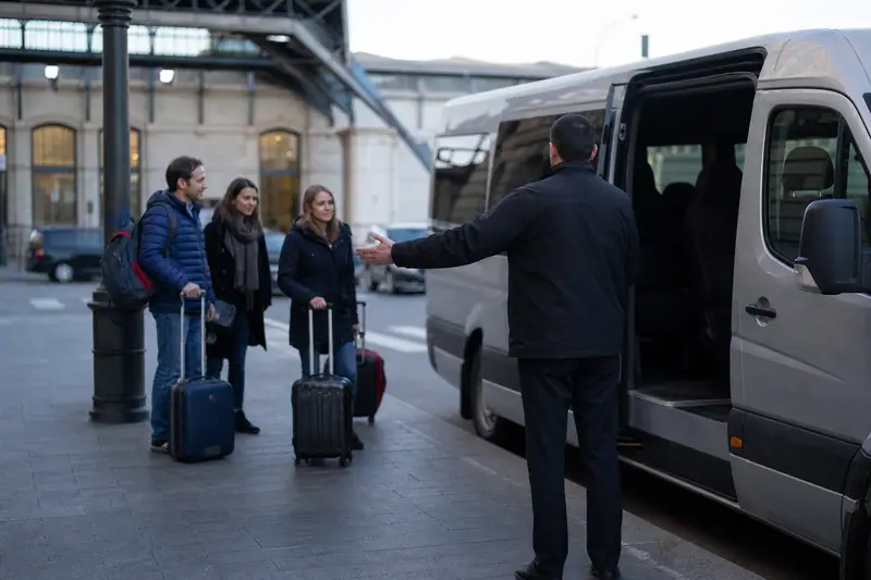 Minibus moderne avec chauffeur attendant un groupe de voyageurs et leurs valises devant une gare