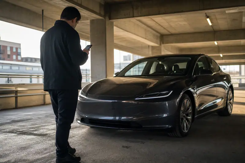Chauffeur VTC inspectant une berline électrique louée dans un parking urbain avant son service
