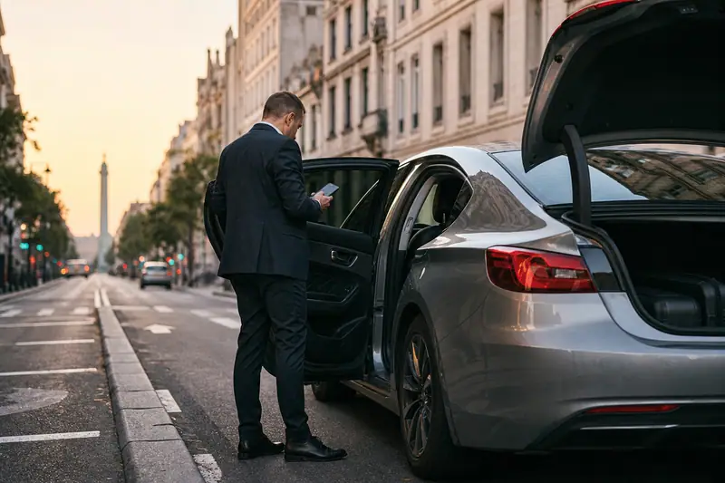 Chauffeur préparant une berline de location VTC propre avant une prise en charge en ville