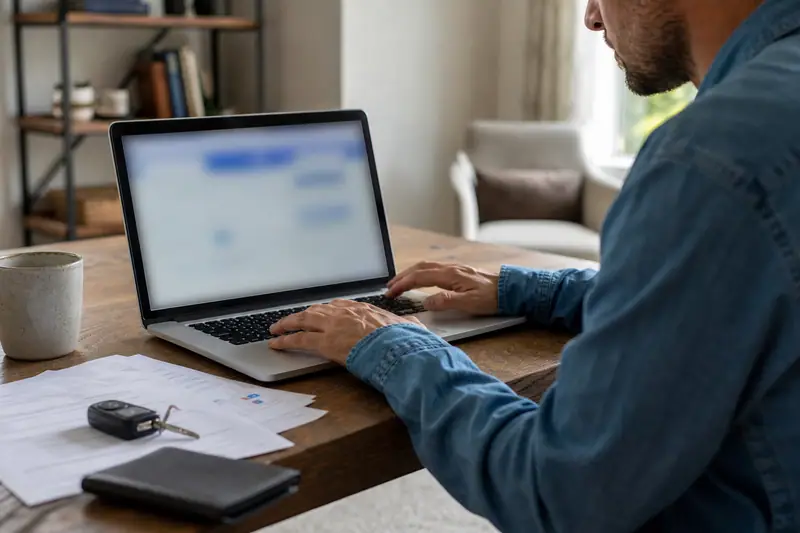 Assuré utilisant un ordinateur portable pour résilier son contrat d’assurance depuis son espace client